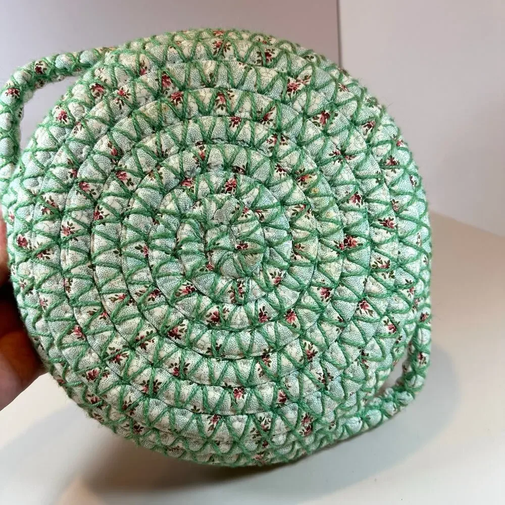 Woven Coiled Fabric Bread Bun Basket Handles Green Floral Rustic Shabby Chic